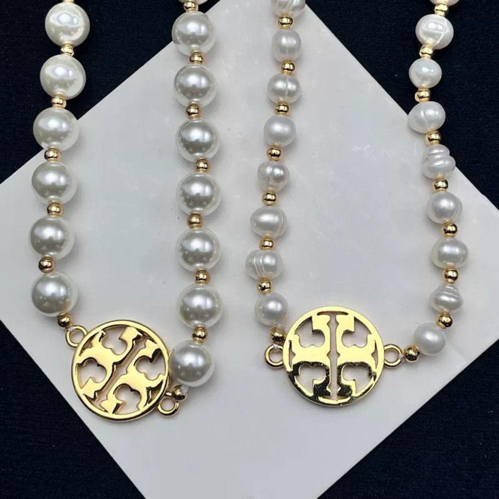 Tory Burch Freshwater Pearl Long Necklace Round Hollow Letter